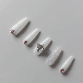 Vibeficant Progel White Glitter Handmade Gel Press on Nails Medium Coffin French Tip with 3D Heart Design